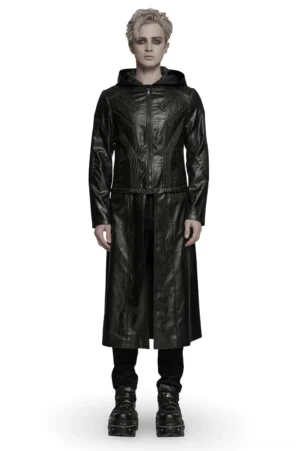 Men's black gothic hooded faux leather long jacket full front view with quilted stitching details on blonde male model