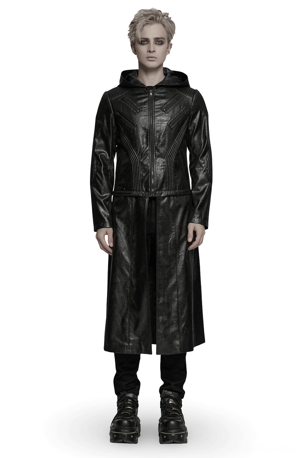 Men's black gothic hooded faux leather long jacket full front view with quilted stitching details on blonde male model