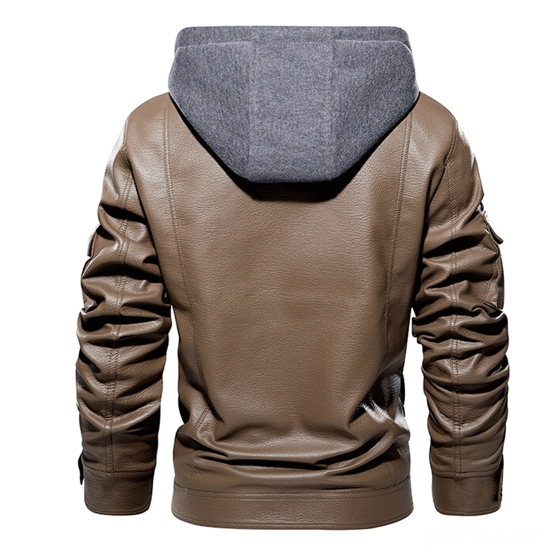 Men's black gothic hooded PU leather jacket side profile view with removable fleece hood