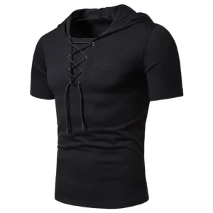 Black gothic hooded lace-up t-shirt front view slim fit design