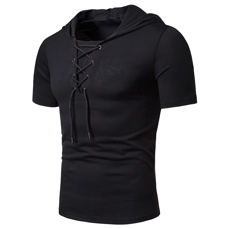 Black gothic hooded lace-up t-shirt front view slim fit design