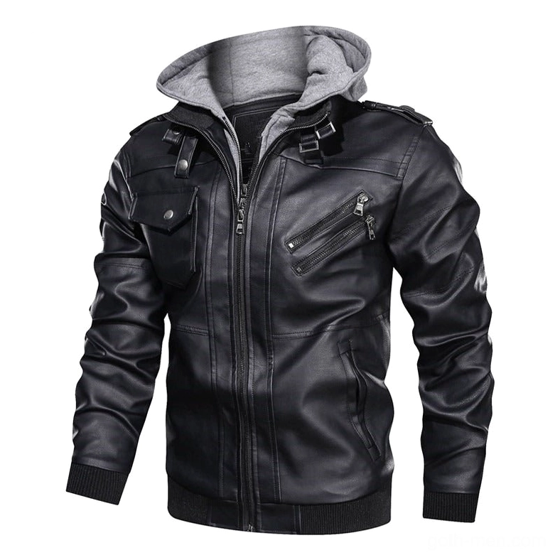 Black matte faux leather hooded biker jacket with grey interior hood and zippered pockets