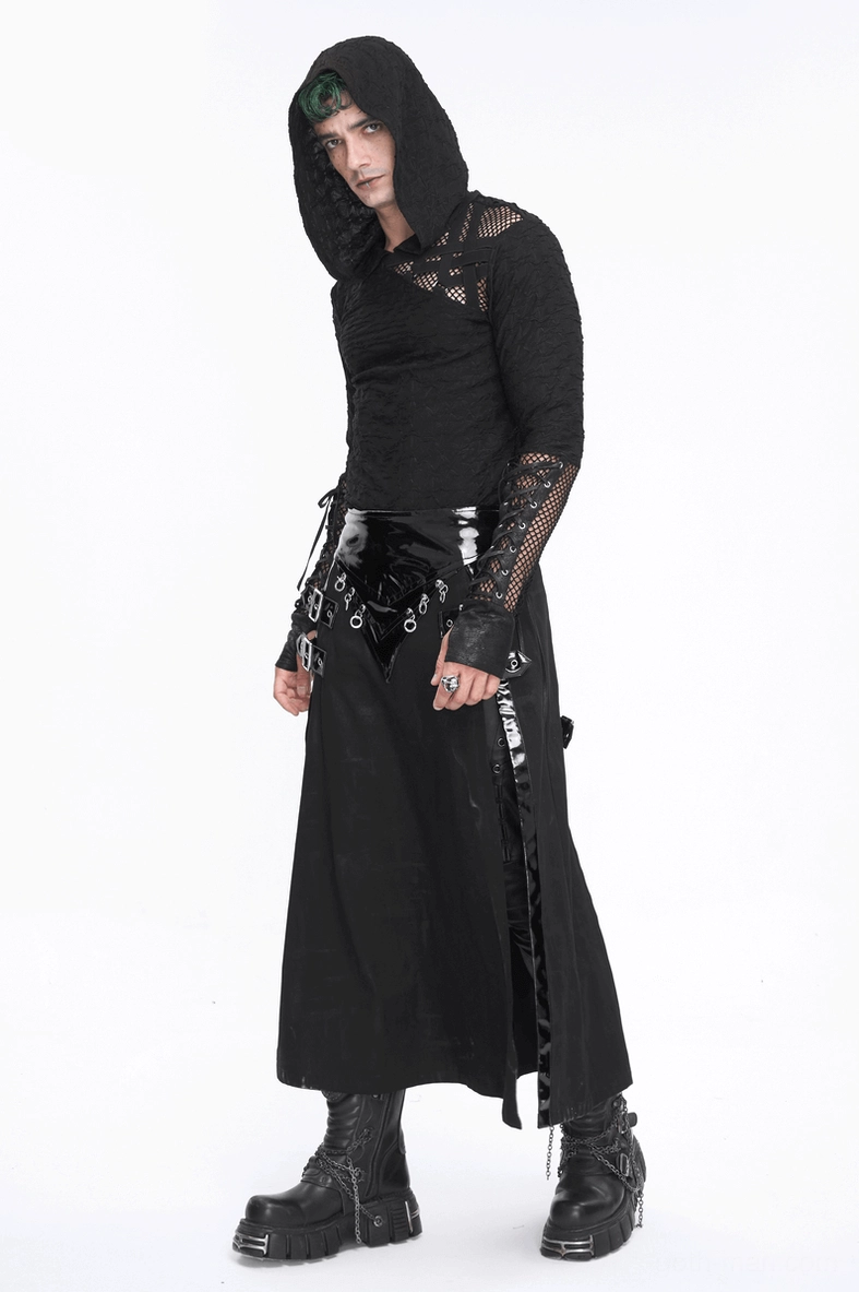 Black gothic hooded mesh top architectural silhouette demonstrating contemporary cyberpunk gothic styling