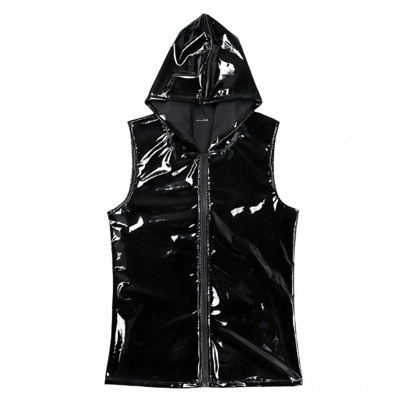 Black wet look gothic hooded vest flat lay front view, showing full zipper closure and attached hood detail