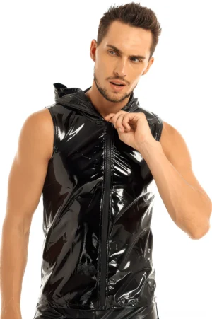 Black wet look gothic hooded tank vest with front zipper, modeled front three-quarter view showcasing glossy patent leather finish