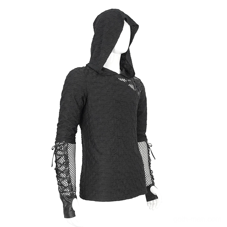 Black gothic hooded mesh top right side profile view with hood and lace-up sleeve construction visible