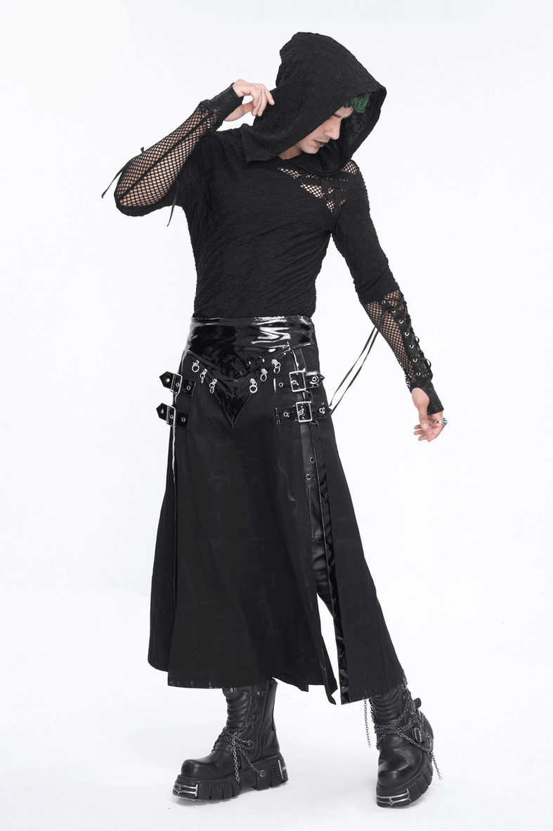 Black gothic hooded mesh top sleeve detail showing lace-up fingerless construction with eyelet hardware