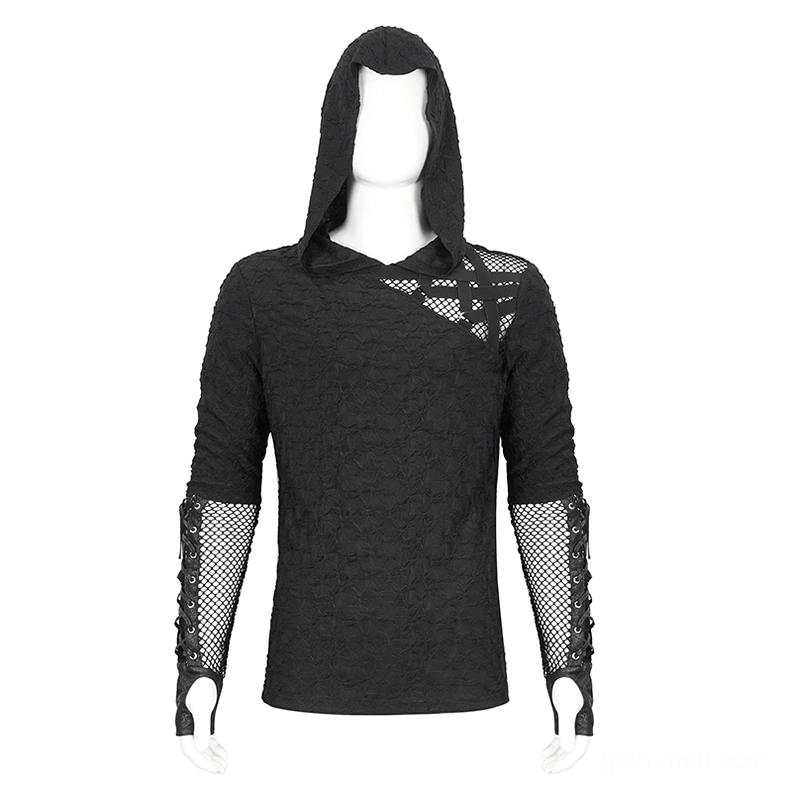 Black mesh panel hooded top three-quarter front view showing asymmetrical shoulder details and structural design