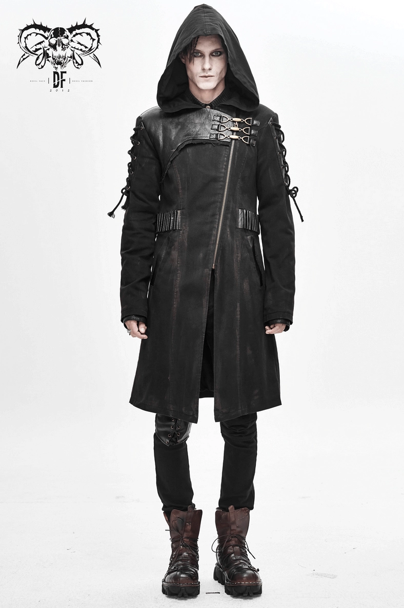 Black gothic hooded trench coat front view highlighting hood design buckle accents and overall silhouette