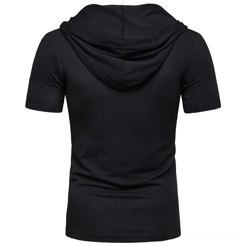 Black gothic hooded t-shirt back view short sleeve polyester knit