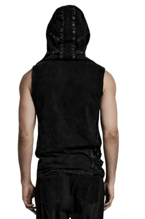 Black gothic hooded vest back view showing weathered fabric, eyelet-trimmed hood, and sleeveless construction