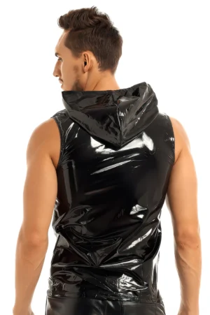 Black patent leather hooded sleeveless vest rear view, demonstrating fitted back silhouette and attached hood design