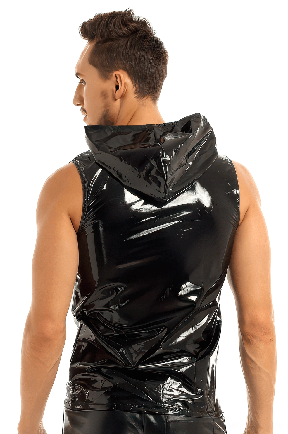 Black patent leather hooded sleeveless vest rear view, demonstrating fitted back silhouette and attached hood design