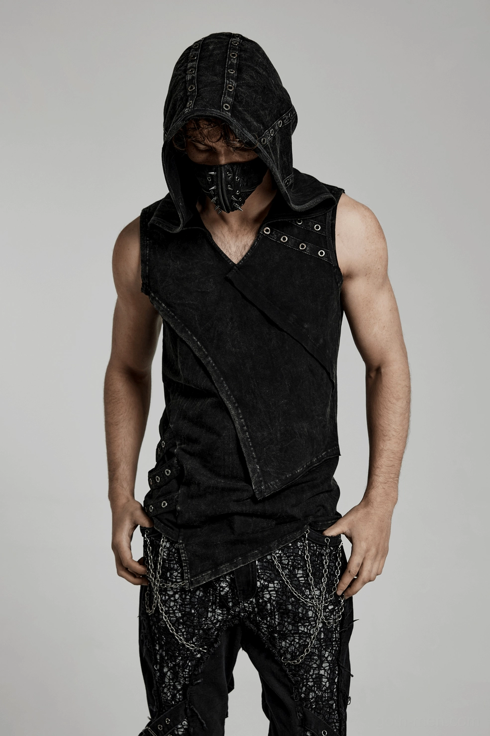 Black distressed gothic hooded vest texture and material detail showing 95% cotton elastane knit with eyelet hardware
