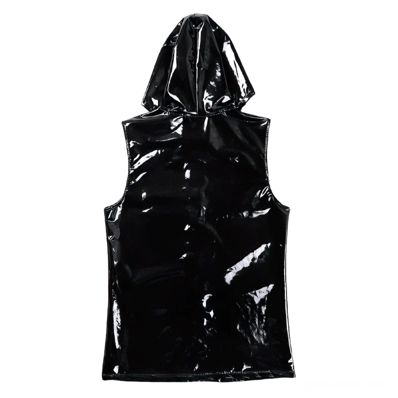 Black patent leather hooded sleeveless vest flat lay rear view, displaying back silhouette and glossy texture