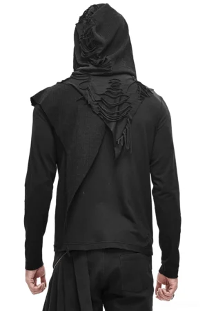 Gothic black hoodie back view showcasing asymmetric panel and tassel-trimmed hood, studio photography