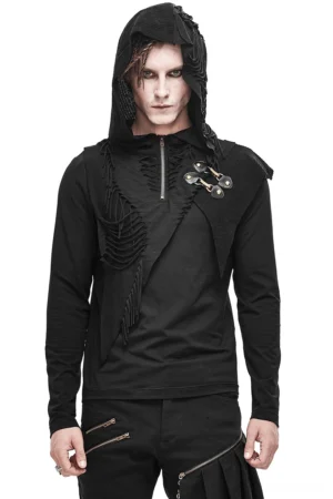 Black gothic hoodie with asymmetric zipper cutouts and tassel details, front view on male model, studio white background