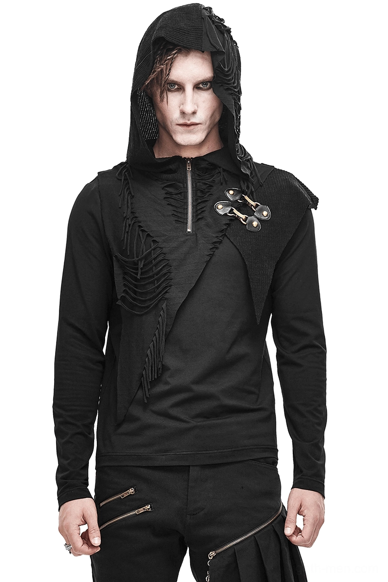 Black gothic hoodie with asymmetric zipper cutouts and tassel details, front view on male model, studio white background