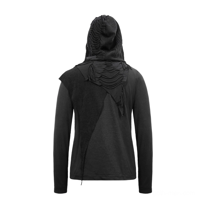 Black gothic hoodie back flat lay, asymmetric trimmed panel, tassel hood detail visible