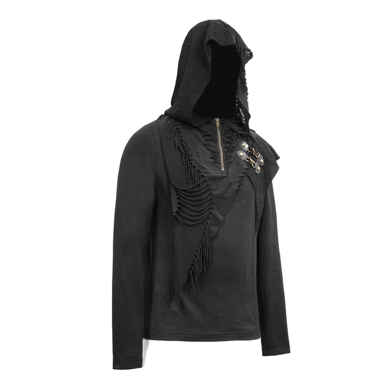 Gothic black hoodie flat view showing half-zip placket, tassel fray decoration, knit fabric