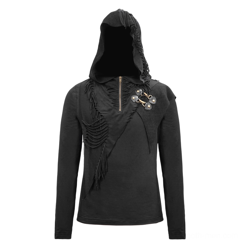 Black gothic hoodie flat lay front, half-zip collar with tassel fringe accents, detailed knit texture