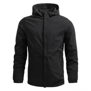 Black gothic men's hoodie jacket with front zipper and side pockets, detailed front angle