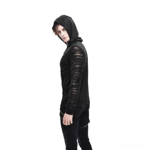 Black gothic punk hoodie with transparent sleeve panels side profile view