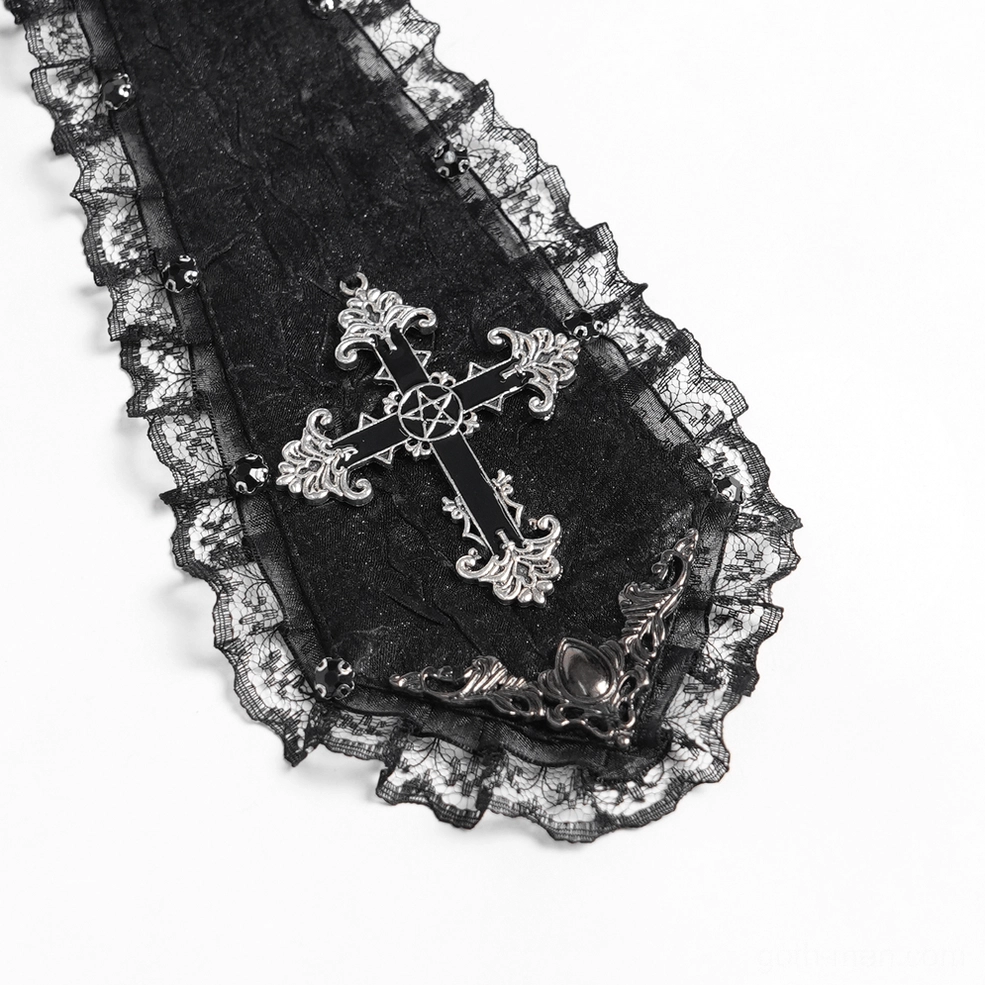 Black gothic jabot choker with baroque lace trim and Victorian cameo cross pendant neckpiece flat lay