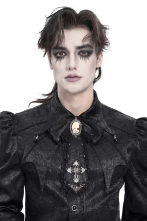 Black gothic jabot choker with cameo cross pendant worn by male model with gothic makeup, front chest view