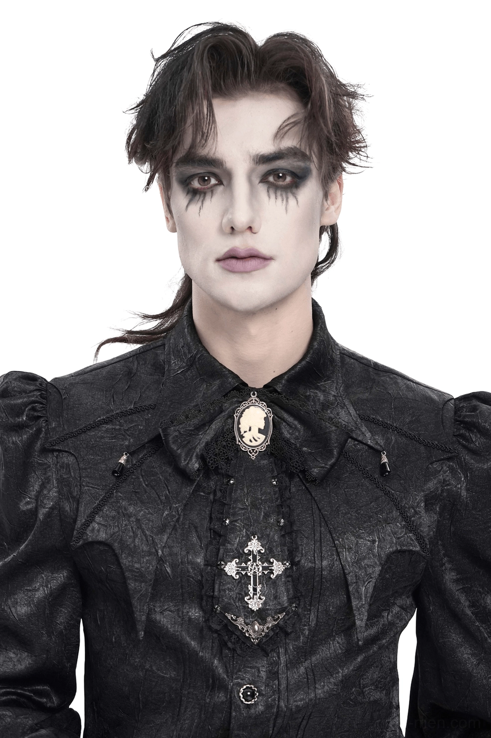 Black gothic jabot choker with cameo cross pendant worn by male model with gothic makeup, front chest view