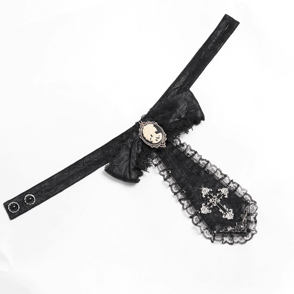 Flat lay product shot of black gothic jabot choker with adjustable neck strap, lace accents, cameo and cross decorations