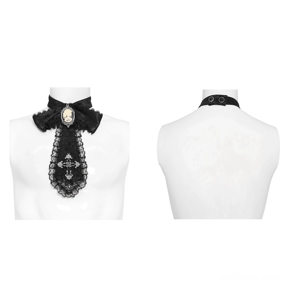 Black gothic jabot choker displayed on dual mannequins showing front and back view with lace trim, cameo brooch, and cross charm