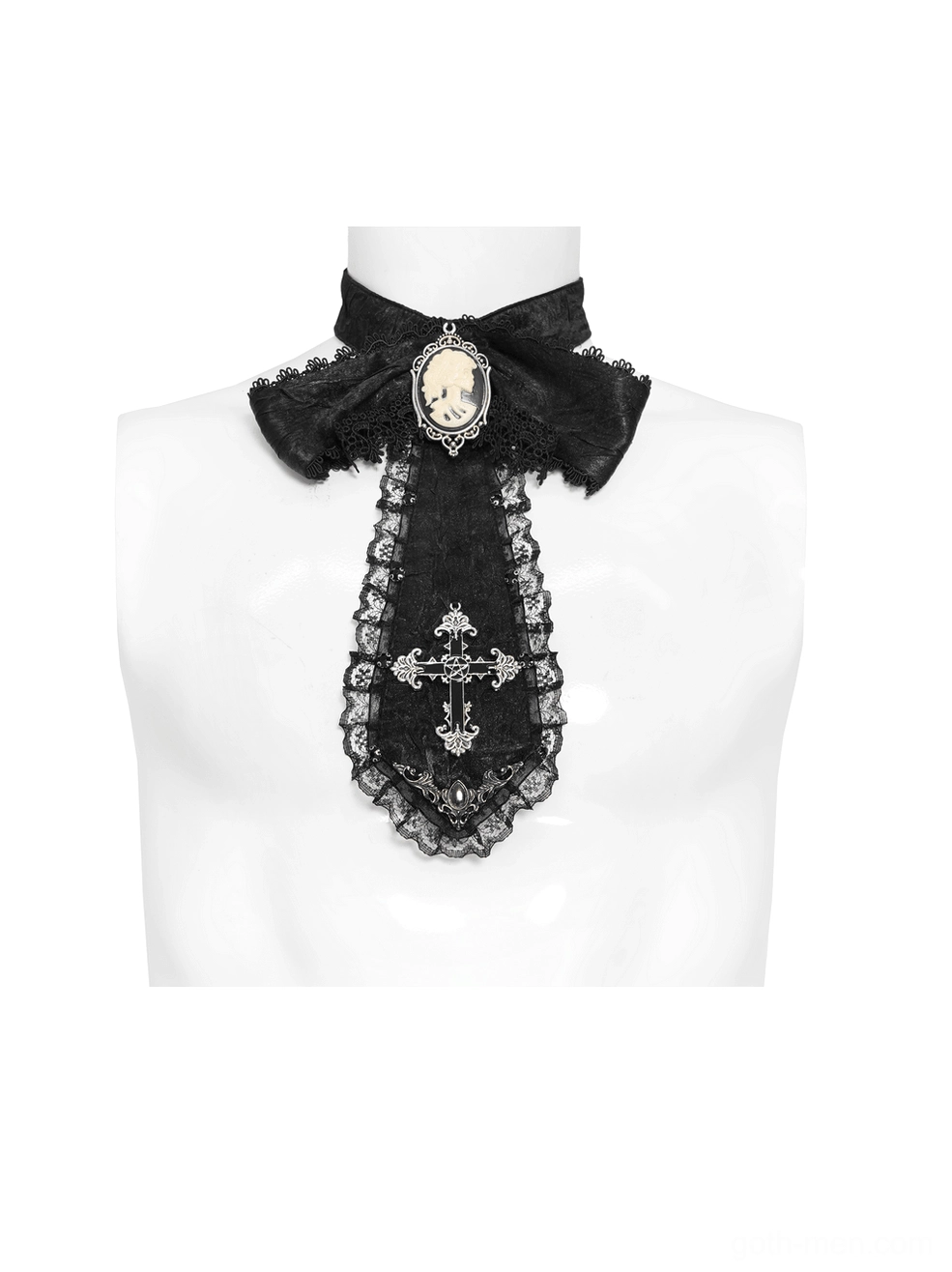 Front flat view of black gothic jabot choker neckpiece showing lace drop tie, cameo ornament, and metallic cross pendant detail