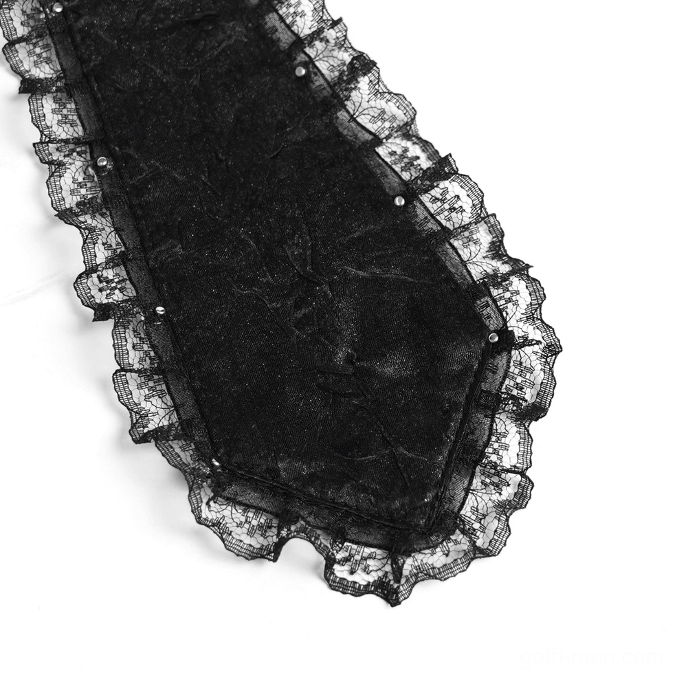 Black gothic jabot choker full view displaying layered bow frame, ornate cross charm, and teardrop accent elements