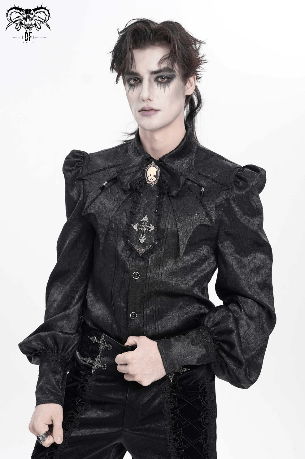 Black gothic jabot choker primary product image featuring complete neckpiece with all ornamental elements and lace trim