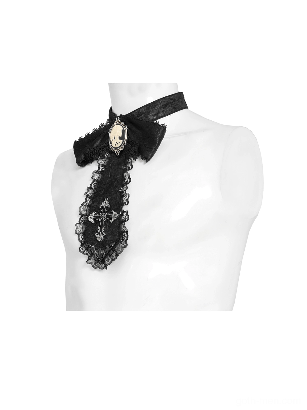Half mannequin display of black gothic jabot choker showing ruffled lace trim, cameo charm, and cross detail design