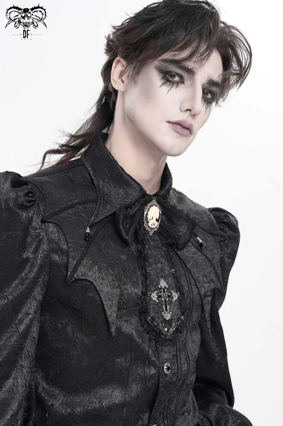 Black gothic jabot choker worn by male model showing dramatic layered bow and Victorian style lace drop tie