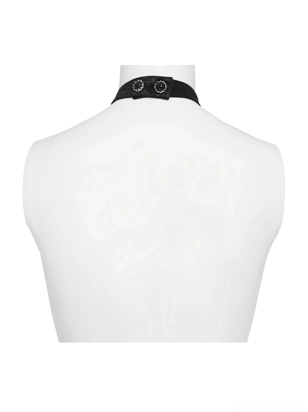 Rear view of black gothic jabot choker displaying adjustable buckle neck strap and solid black fabric base construction