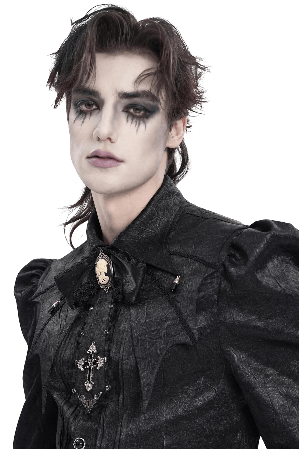 Three-quarter side view of male model wearing black gothic jabot choker neckpiece with layered bow and lace trim