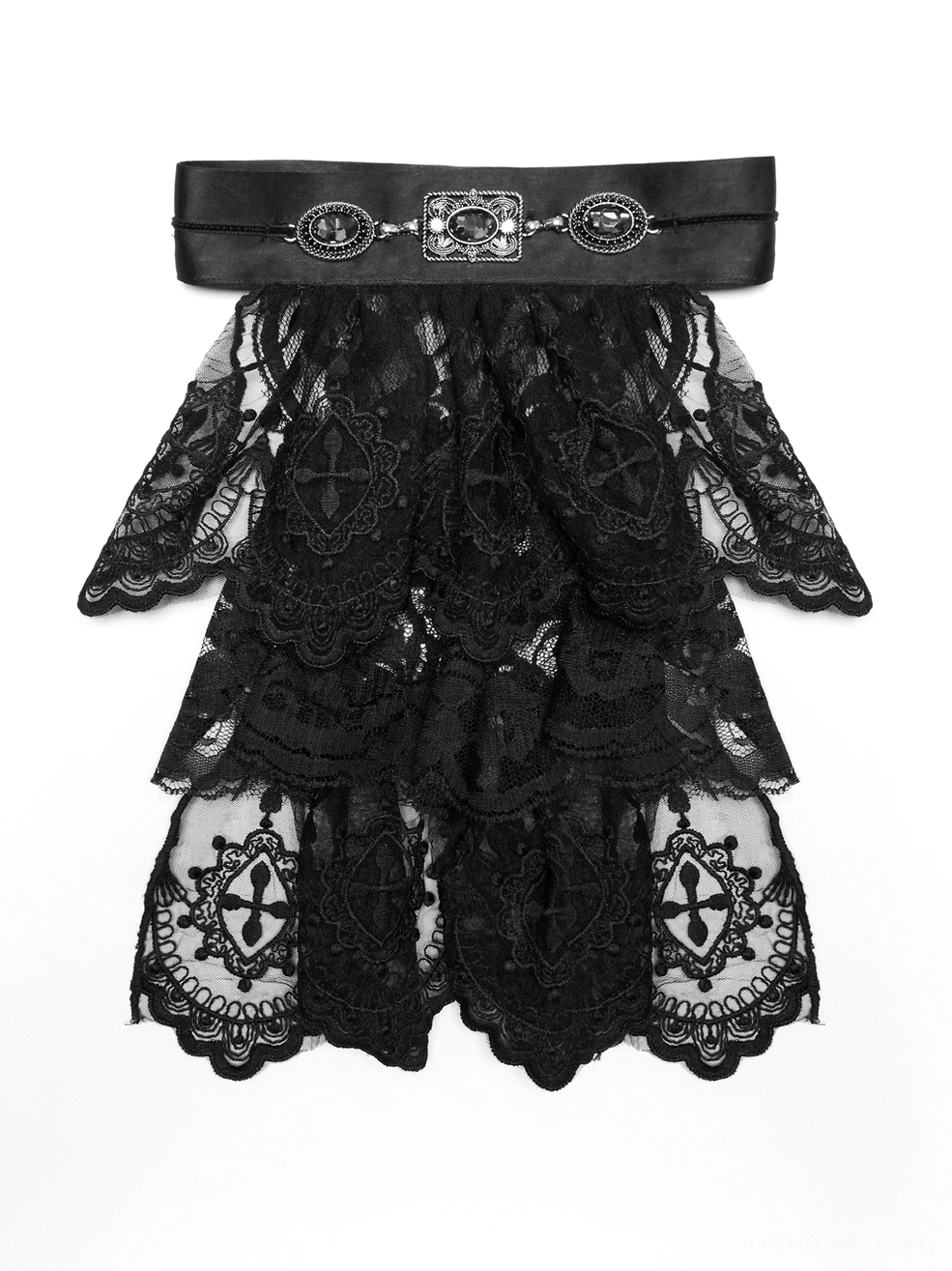 Black gothic jabot collar flat lay front view detail shot, highlighting embroidered cross patterns and scalloped lace edges