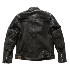 Black leather gothic jacket rear view flat lay featuring adjustable waist buckles and quilted elbow patch details