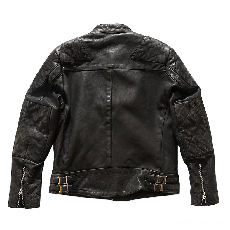 Black leather gothic jacket rear view flat lay featuring adjustable waist buckles and quilted elbow patch details