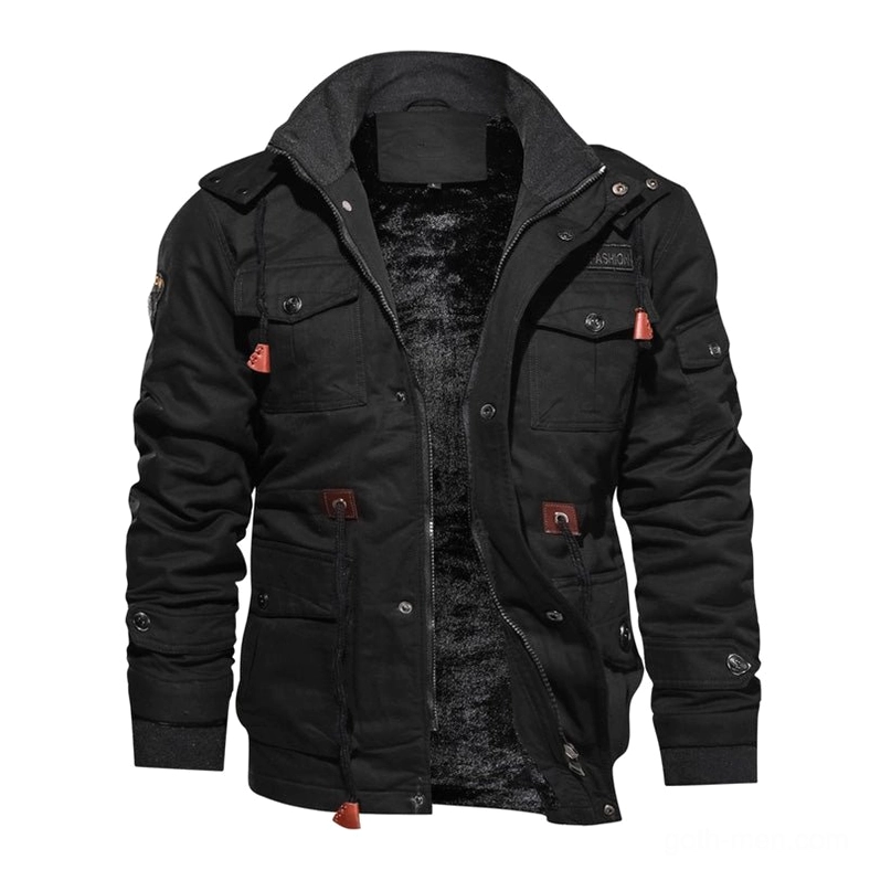 Black moody winter jacket with shoulder epaulets ribbed cuffs and side pockets front view