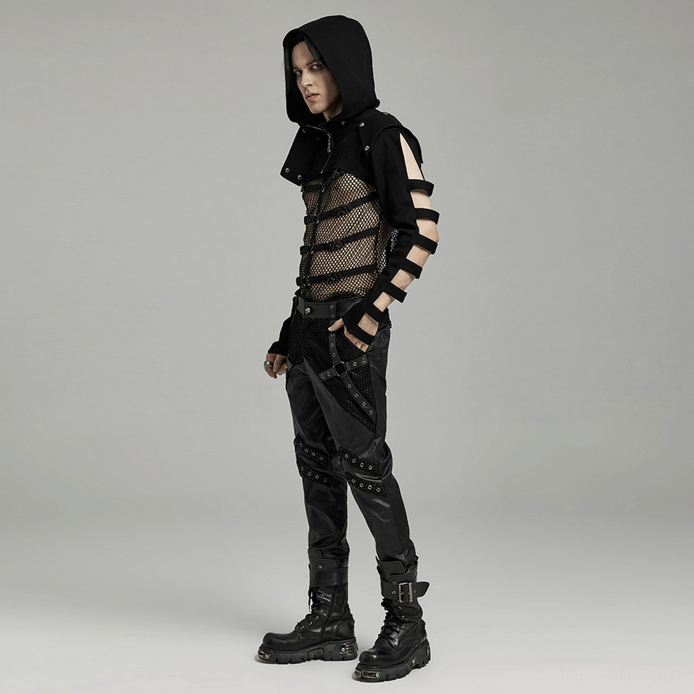 Black gothic hooded jacket fabric texture detail showing micro elastic fine weave and stitching quality