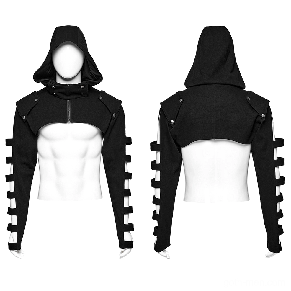 Black gothic hooded jacket front and back display on mannequin showing half-zip collar and hollow sleeve design