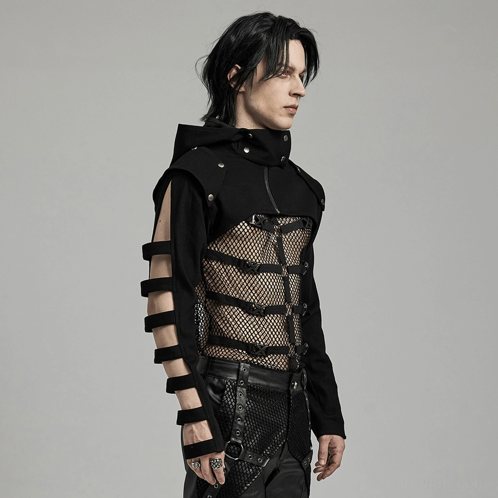 Black gothic cropped hooded jacket alternative angle showing hood attachment and reinforced shoulder construction