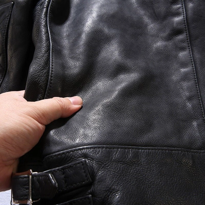 Black leather gothic jacket front showcase displaying premium cowhide and architectural minimalist silhouette