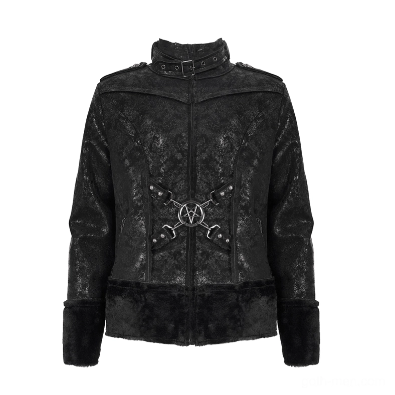 Flat lay front view of black gothic punk jacket with pentagram emblem and cross strap
