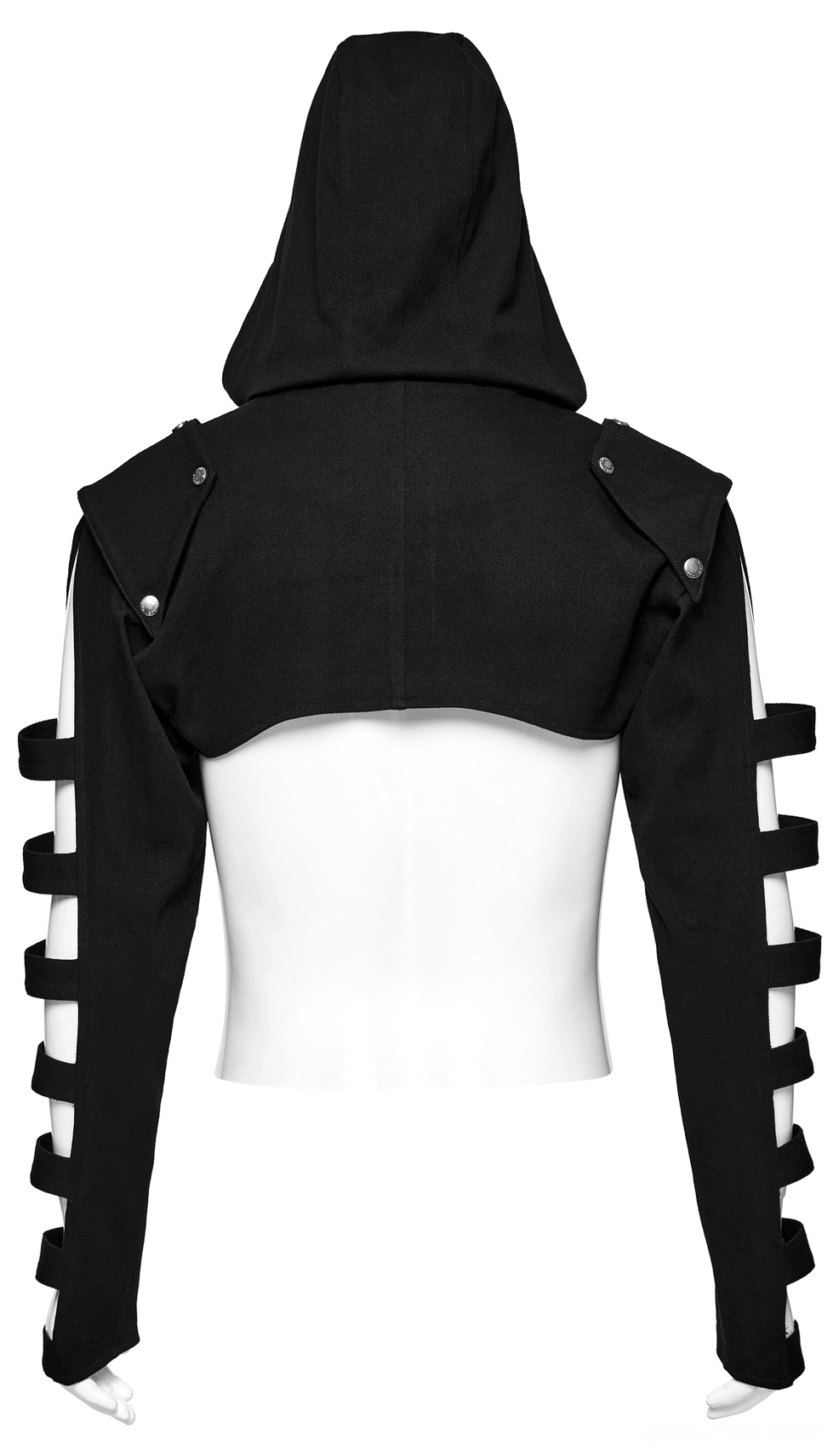 Black gothic hooded jacket rear full view on mannequin displaying studded shoulder panels and cutout sleeve straps