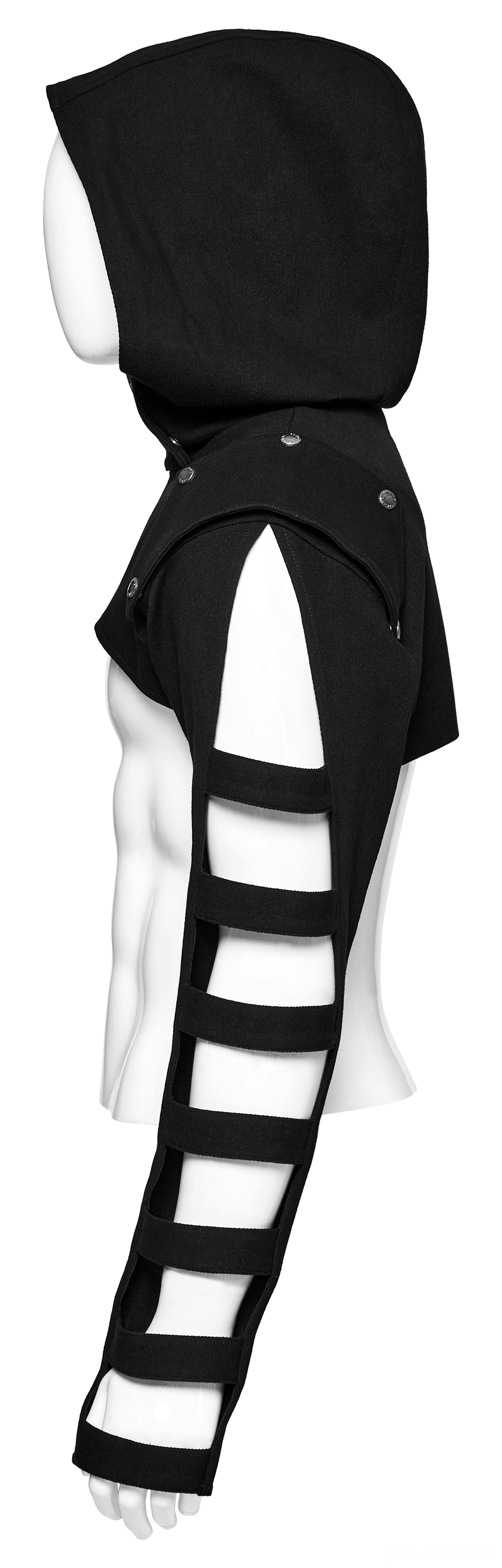 Black gothic cropped hooded jacket side profile showing attached hood and hollow sleeve strap details